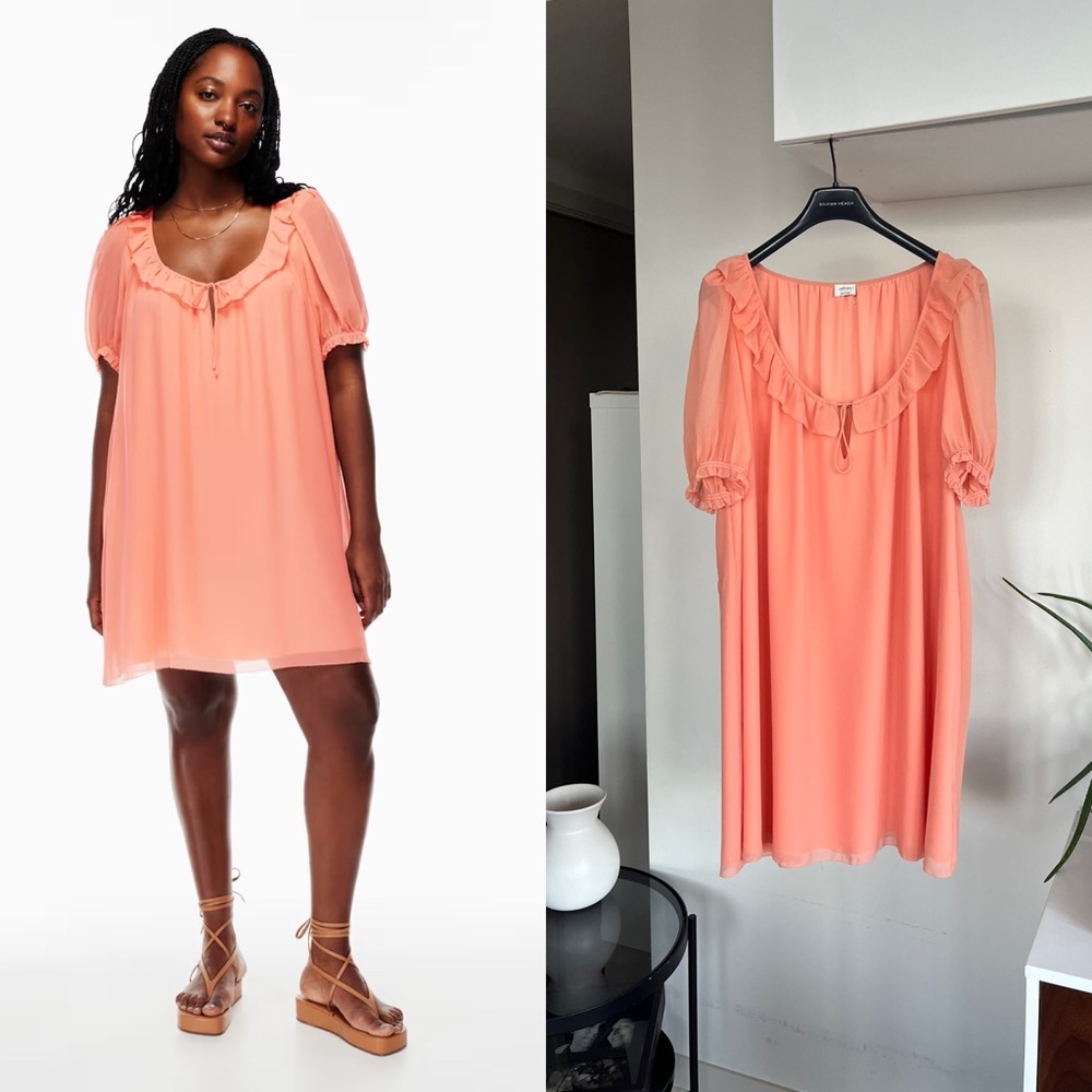 Aritzia Wilfred Reverie Sunfaded new Coral Mini Summer Vacation Ruffle Dress L